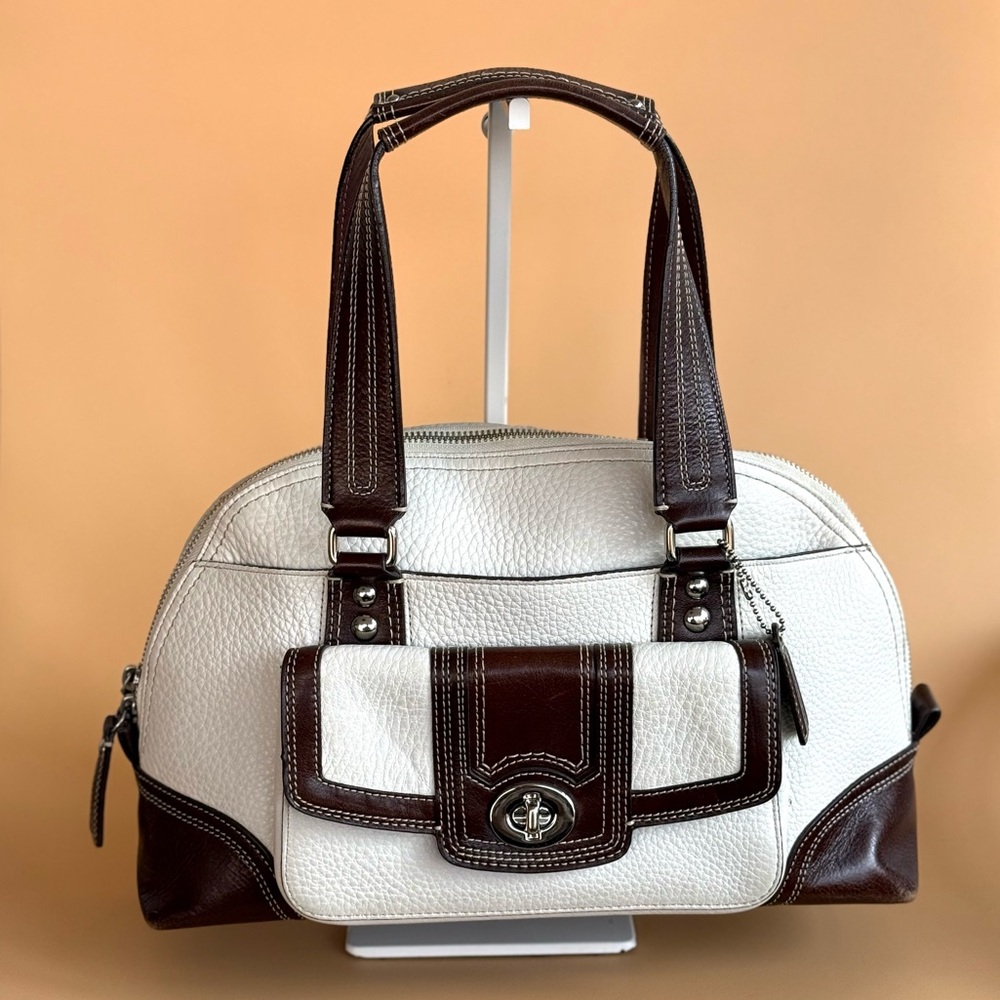 COACH Hampton Vintage Ivory & Dark Brown Pebble Leather Dome Satchel Purse